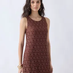 LOV by Westside Dark Brown Floral Lace Cotton Shift Dress-image-14