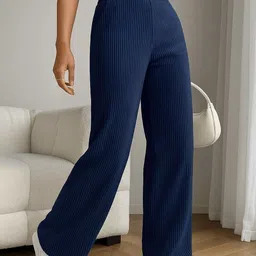 CORSICA Women Navy Blue Solid Relaxed Straight Fit Corduroy Parallel Trousers-image-17