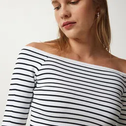 Happiness istanbul Striped Monochrome Off-Shoulder Bardot Crop Top image 5