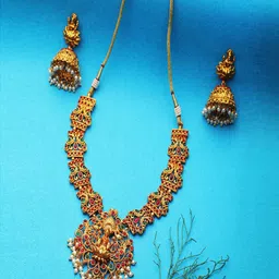 Adwitiya Collection 24 CT Gold-plated Pink & Green Stone-Studded Beaded Temple Antique Handcrafted Jewellery Set-picture-10