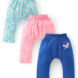 Babyhug Cotton Knit Full Length Diaper Pant with Floral Print Pack of  3 - Pink Turquoise & Royal Blue-picture-15