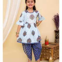 Superminis Three Fourth Bell Sleeves Vintage Floral Motif Printed Kurta With Coordinating Gota Lace Embellished Overlapped Dhoti - Blue-picture-25