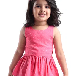 Babyhug Cotton Dobby Woven Sleeveless A-Line Top With Polka Dot Print and Bow Detailing - Pink-image-12