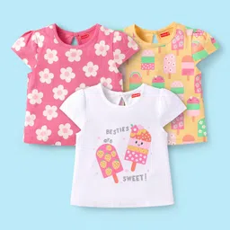 Babyhug Cotton Knit Cap Sleeves T-Shirts with Floral & Popsicle Glitter Print Pack of 3 - Pink White & Yellow-image-46