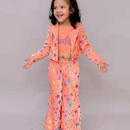 Lil' Drama Mattel Featuring Barbie Text Foil Printed Top & Pant With Full Sleeves Jacket Set - Pink-picture-28