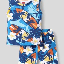 Babyhug Single Jersey Knit Sleeveless Tank T-Shirt & Shorts Co-Ord Set With Beach Theme & Floral Print - Blue-picture-29
