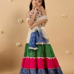 Pspeaches Silk Sleeveless Floral Embroidered & Gota Lace Embellished Lehenga Choli With Dupatta Set - Multi Colour-picture-19
