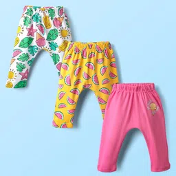 Babyhug Cotton Knit Full Length Daiper Leggings with Tropical Theme Print Pack of 3 - Yellow White & Pink-picture-14