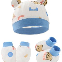Bembika Cotton Bear Printed Caps Gloves & Mittens Set - Sky Blue-picture-26