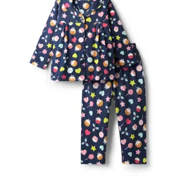 Babyhug Cotton Knit Full Sleeves Co-ords Night Suit with Heart Print - Navy Blue-picture-24