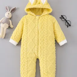 Mark & Mia Full Sleeves Front Open Hooded Winter Wear Romper with Bunny Ear Applique & Cable Knit Design - Yellow-picture-17