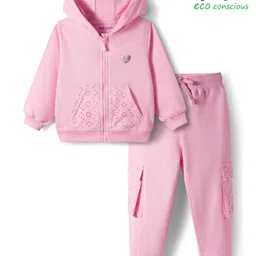Babyoye 100% Cotton Knit Full Sleeves Winter Wear Hooded Sweatshirt & Lounge Pant Set With Heart Print - Pink image 1