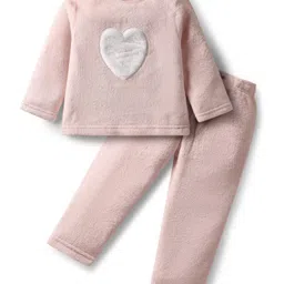 Babyhug Fur Woven Full Sleeves Winter Wear T-Shirt & Lounge Pant Set With Heart Embriodery - Pink-picture-32