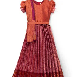 Bhartiya Paridhan Silk Woven Half Sleeves Ethnic Dress With Dupatta Set & Floral Print - Maroon-picture-21