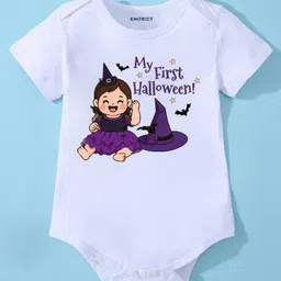 KNITROOT Halloween Theme Cotton Lycra Knit Half Sleeves My First Halloween! Text Printed Onesie - White-picture-17