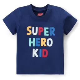 Babyhug Cotton Knit Half Sleeves Night Suit With Text & Stars Print - Navy image 2