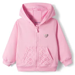 Babyoye 100% Cotton Knit Full Sleeves Winter Wear Hooded Sweatshirt & Lounge Pant Set With Heart Print - Pink image 2