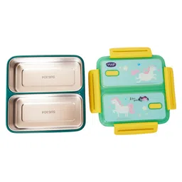 YOUP Stainless Steel Green Color Unicorn Theme Kids  Bento Lunch Box With 2 Compartments PLUTO-1100 ml image 3