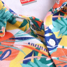 Babyhug Cotton Knit Half Sleeves Shirt with Floral Print - Yellow & Blue image 3