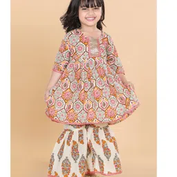 Adiva Three Fourth Sleeves Floral Motif Print Kurti With Sharara - White image 5