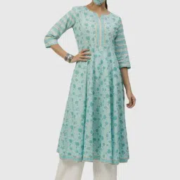 Gerua Blue Cotton Printed A Line Kurta With Mask-image-45