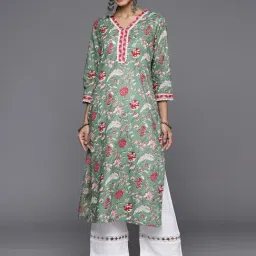 Varanga Green Cotton Floral Print Straight Kurta-image-95