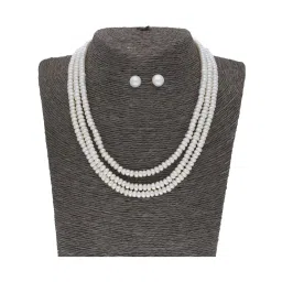 Sri Jagdamba Pearls 3 Line Pearl White Alloy Necklace Set image 1
