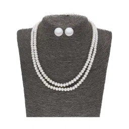 Sri Jagdamba Pearls 2 Line Pearl White Alloy Necklace Set image 1