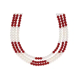 Sri Jagdamba Pearls 3 Line Pearl White & Red Alloy Necklace Set image 3