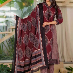 Pistaa Women Ethnic Motifs Printed Regular Pure Cotton Kurta with Trousers & With Dupatta-picture-10