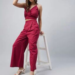 StyleStone Maroon Regular Fit Crop Top With Palazzos-picture-24
