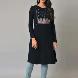 W Navy Floral Print A Line Winter Kurta-picture-12