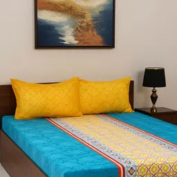 Portico Vienna Blue & Yellow 144 TC Double Cotton Bedsheet Set 2.24m X2.54 m image 3