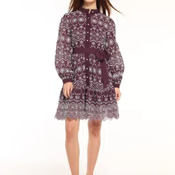 COVER STORY Embroidered Puff Sleeve Schiffli Fit & Flare Dress-image-58