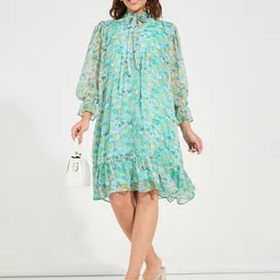 Styli Women Green Floral Printed Tie-Up Neck Bell Sleeves Tiered Detail A-Line Dress image 5