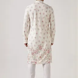 Anouk Men Off-White & Pink Floral Printed Mandarin Collar Straight Cotton Kurta image 2