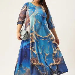 Amydus Plus Size Blue & Golden Printed Maxi Dress image 5