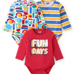 Babyhug 100% Cotton Knit Full Sleeves Striped & Text Printed Onesies Pack of 3 - Red & White-picture-27