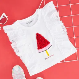 Pantaloons Junior Cotton Sleeveless Frill Detailed Have An Ice Day Text & Cake Printed Tee - White-picture-24