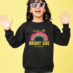 NUSYL Fleece Full Sleeves Look On The Bright Side Text Printed Oversized Sweatshirt - Black-picture-20