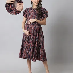 Moms Maternity Half Bell Sleeves Floral Printed Maternity Dress With Nursing Access - Navy Blue-image-53