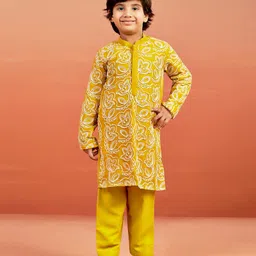 Vastramay Full Sleeves Floral Embroidered Kurta Pyjama Set - Mustard-picture-26