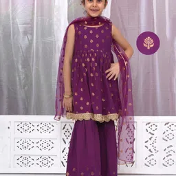Little Bansi 100% Cotton Sleeveless Floral Embroidery Frock Style Kurta With Coordinating Sharara & Dupatta Set - Purple-picture-24