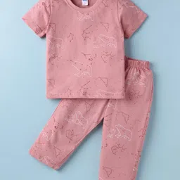 Tango Single Jersey Knit Half Sleeves Co-ords Night Suit with Bear Print - Rose Gold-picture-27