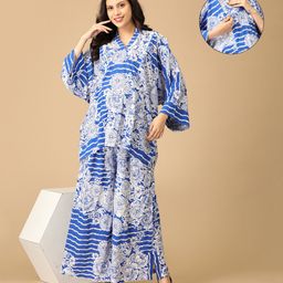 The Mom Store Cotton Knit Three Fourth Bell Sleeves Floral Printed Maternity Kurta With Coordinating Palazzo & Concealed Zipper Nursing Access - Blue-picture-22