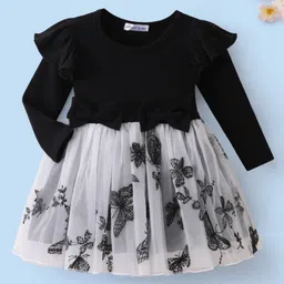 Mark & Mia Full Sleeves Party Dress with Butterfly Print Frill Detailing & Bow Applique - Black & Grey-picture-11