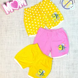 COCOON ORGANICS 100% Cotton Knit Pack Of 3 Polka Dots & Bee Printed Anti Microbial Shorts - Yellow & Pink-picture-17