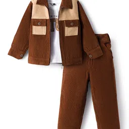 Robo Fry Cotton Woven Full Sleeves Jacket T-Shirt & Trouser Set with Pockets - Brown & Beige-picture-21