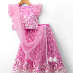 Babyhug Net Woven Frill Sleeves Embroisered Choli Lahenga Set with Dupatta - Pink-picture-26