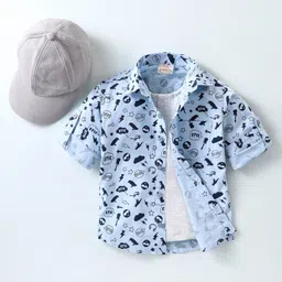 Rikidoos Full Sleeves Iconography Printed Shirt With Attached Tee With Cap - Light Blue & Melange-image-43